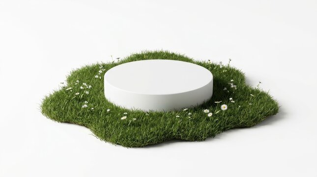 White circular podium resting on lush green grass with spring flowers