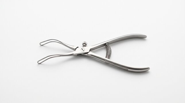 Stainless steel dental rubber dam clamp forceps tool on white background.