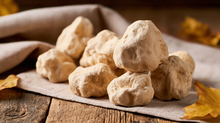 Fototapeta premium Exquisite Culinary Delights of the Alba White Truffle Festival Prepared on Rustic Wooden Table