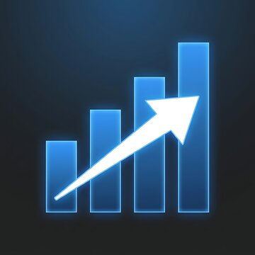 Blue glowing bar chart with rising arrow showing business growth and financial success