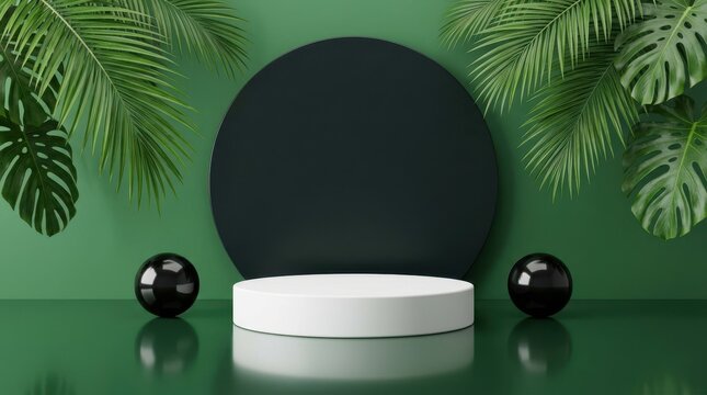 White circular podium display with green leaves and black spheres