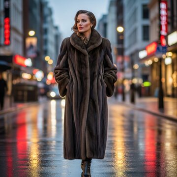 Elegant woman in fur coat walking on wet city street at night.