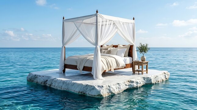 Luxury canopy bed on a floating stone island in the middle of a calm tropical ocean.