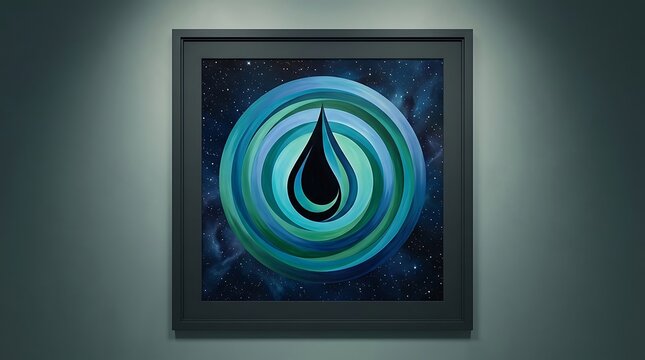 Abstract water drop painting in black frame on dark wall for modern interior design decor