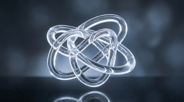 Abstract glass knot shape with glowing light reflections on a dark background