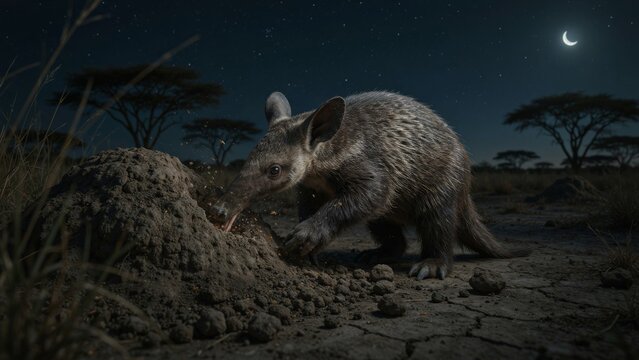 Aardvark digging into a termite mound at night.