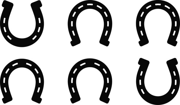 Minimal lucky horseshoe icon vector set, black flat good luck and fortune symbols for western culture, casino themes, superstition, gambling graphics and decorative branding vector illustration design