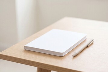 Fototapeta premium Blank White Notebook and Pen on Minimalist Wooden Desk Surface