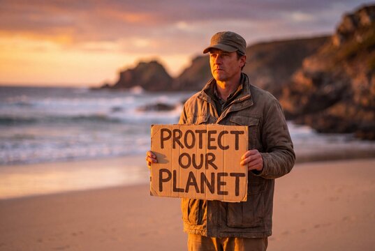 Environmental activist holding protect our planet sign on a quiet beach during sunset