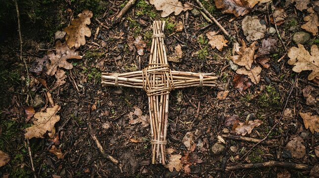Woven Brigids Cross on Forest Floor with Autumn Leaves.