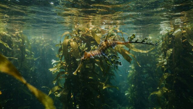 Leafy seadragon camouflaged in a vibrant underwater kelp forest.