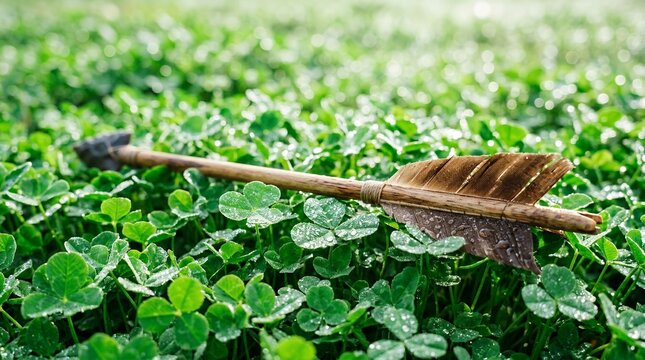 Ancient Arrow Resting on Lush Green Clover Field.