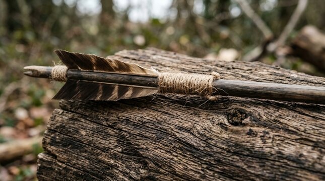 Ancient Arrow Resting on Weathered Wood in Forest Setting.