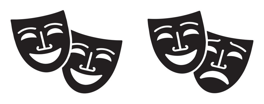 Comedy and tragedy theater face masks with defined expressions for dramatic arts and acting workshop flyers.