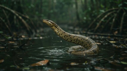 Fototapeta premium A massive anaconda snake emerges from the dark, murky waters of a dense rainforest swamp.
