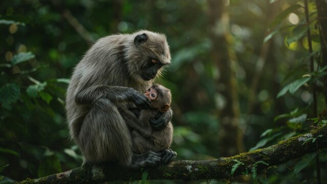 A mother monkey cuddling her baby in the lush green jungle.