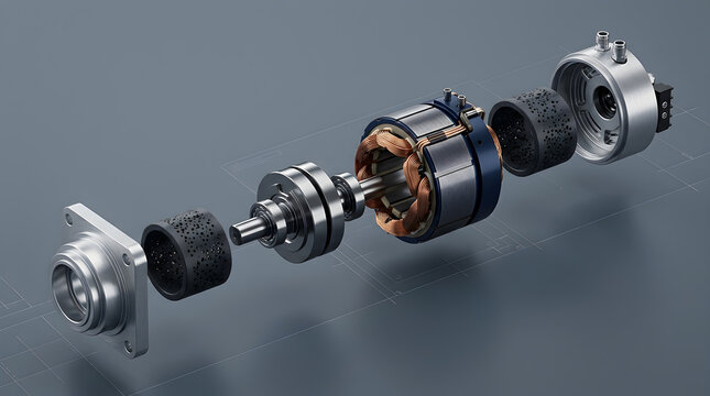 Exploded view of a precision air bearing motor spindle assembly featuring high performance mechanical components for industrial manufacturing