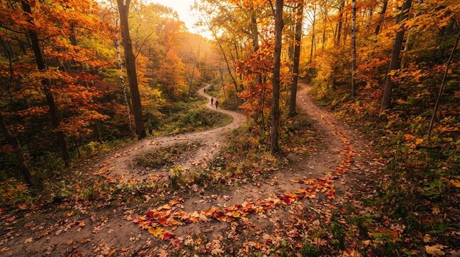 Autumn forest path bathed in golden sunlight with colorful foliage.