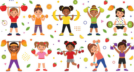 Fototapeta premium Healthy Kids Fitness Collection with Diverse Children Lifting Fruit Weights, Exercising, Stretching, Jumping, Balancing, and Promoting an Active Lifestyle