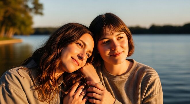 Two women by lake