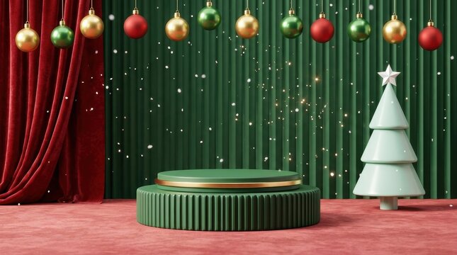 Decorative circular green stage with gold trim for festive holiday displays