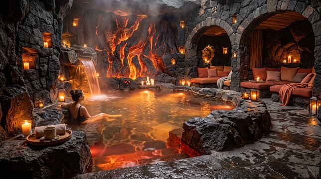 Serene indoor cave spa with glowing lava walls and waterfall where an adult woman relaxes in a warm pool