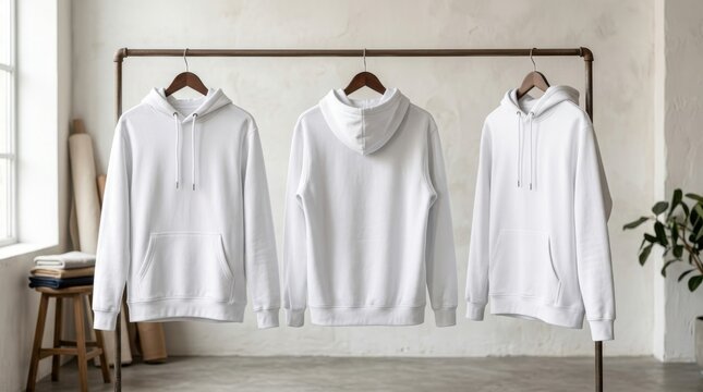 Three plain white hoodies hanging on a metal clothing rack inside a bright modern studio room for fashion display