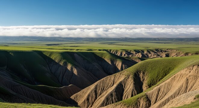 Vast green canyon landscape under a bright blue sky with wispy clouds