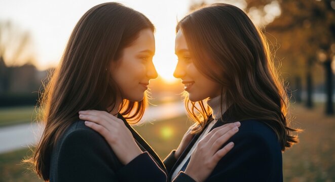 Two women embrace outdoor portrait
