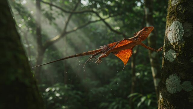 Flying dragon lizard perched on a tree in a misty rainforest with sunbeams filtering through.