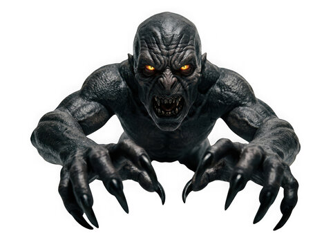 Terrifying monster creature with glowing yellow eyes and sharp claws isolated on transparent background