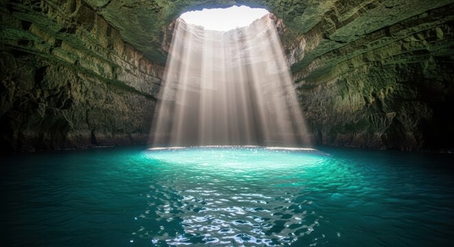 Sunlight pierces through cave ceiling illuminating turquoise water below