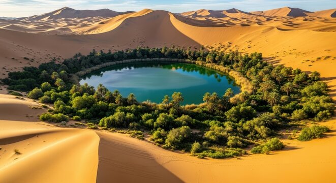 Vibrant green oasis thrives amidst vast golden sand dunes under a clear blue sky