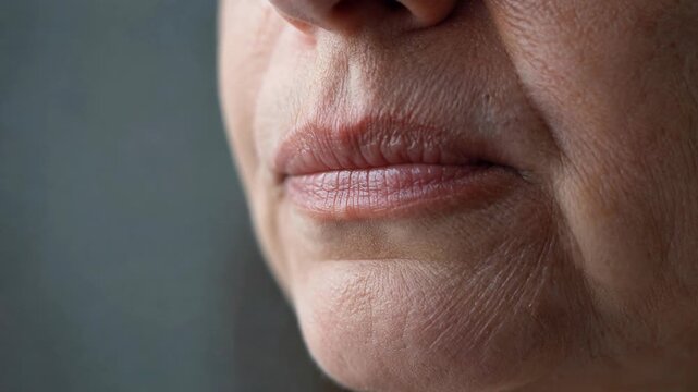 Mature Woman Lips Showing Quiet Emotion in Cinematic Extreme Macro Portrait