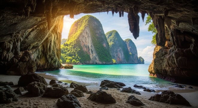 View of tropical islands and turquoise water through a dramatic cave entrance