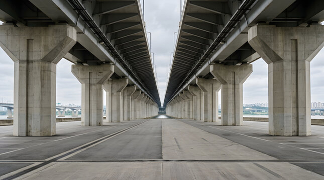Symmetrical view of a modern concrete highway bridge structure