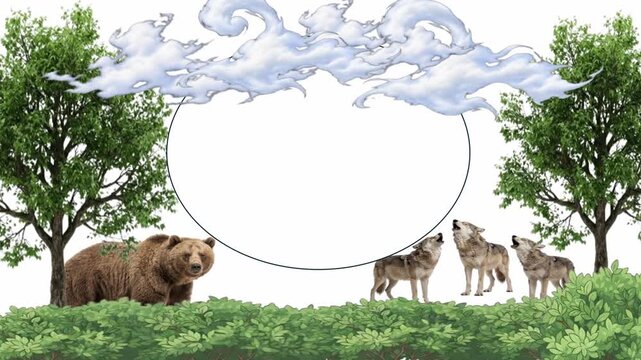 Nature Frame with Wild Animals Brown Bear and Gray Wolves Surround White Circular Space