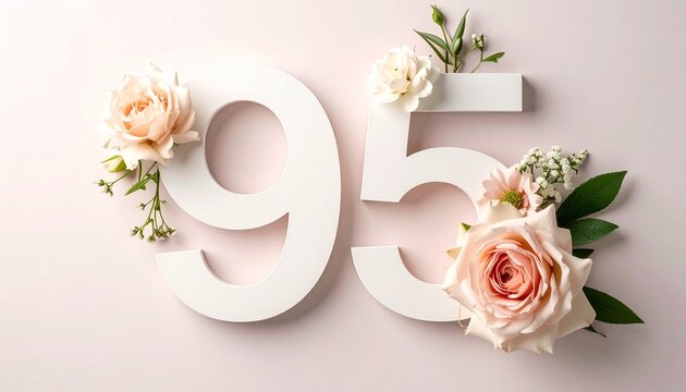 White number 95 decorated with delicate pastel flowers on a soft pink background
