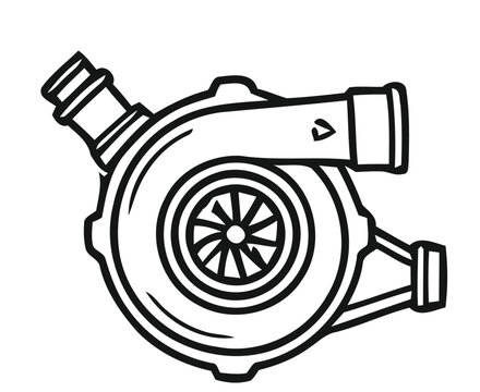 Minimalist black and white turbocharger icon vector illustration of automotive engine part.