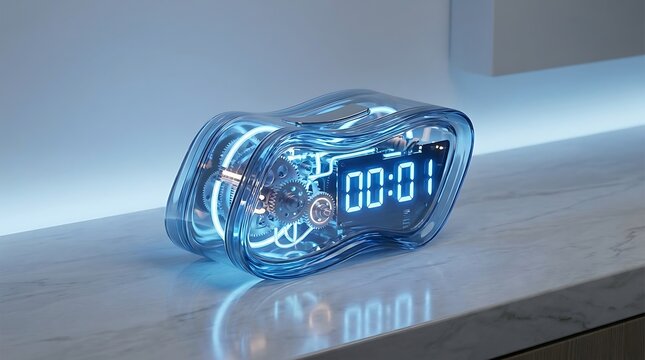 Blue digital ice cube melting with futuristic countdown timer display on reflective surface