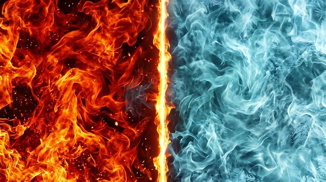 Abstract background with bright orange fire flames on one side and cold blue ice smoke on the other side separated by a glowing vertical line