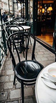 Empty outdoor cafe chairs and tables in a quiet urban setting.