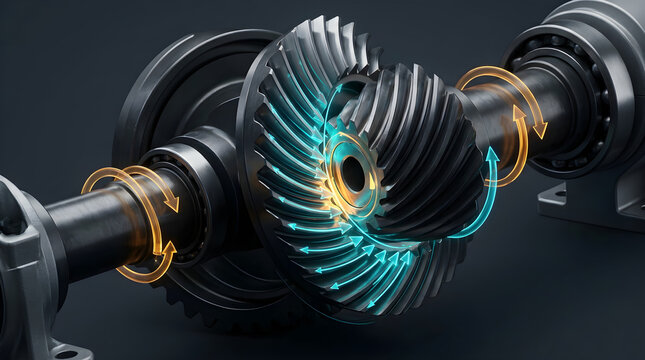 Automotive differential gears system illustration showcasing rotational torque and mechanical power transfer