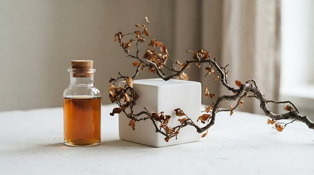 Glass bottle with essential oil and decorative dry branch on a white podium