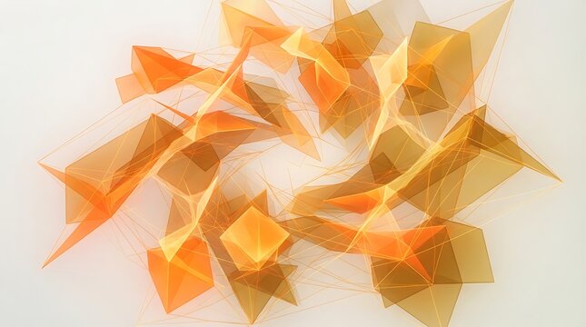 Abstract geometric composition of translucent orange triangular shapes on white background