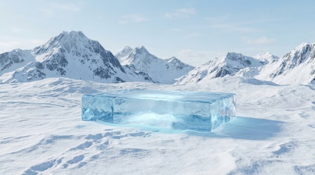 Transparent ice block display pedestal set against snowy mountain peak landscape