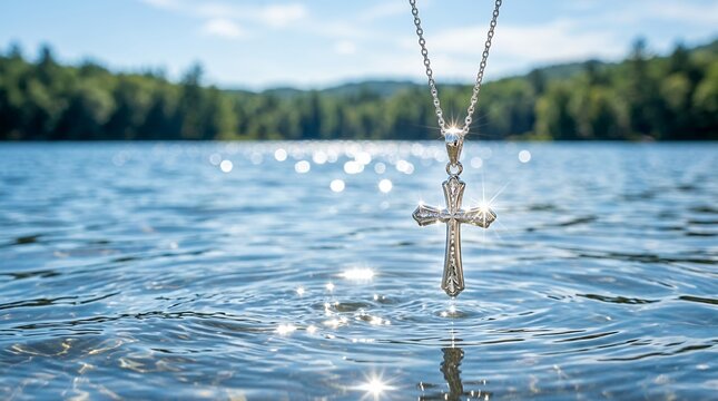 Silver cross necklace submerged in sparkling lake water with trees in background.