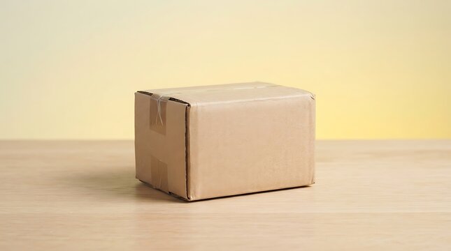 Closed cardboard box on wooden table, isolated delivery package for shipping and logistics.