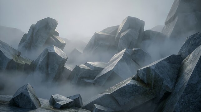 Jagged mountain rocks in thick morning fog, misty landscape with stone boulders.