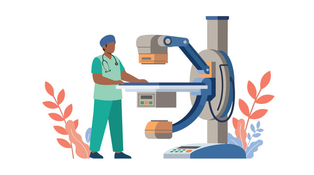 Radiology specialist operating advanced x-ray scanning machine modern flat vector illustration for diagnostic healthcare services
